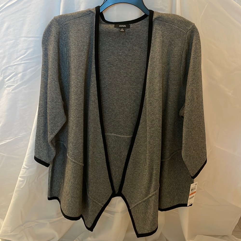 NWT Alfani L Jacket Birds Eye Jacquard Open Front Contrast Trim 3/4 Sleeve Drape
